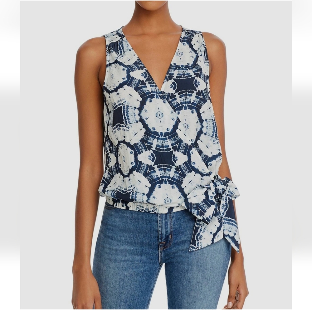 $497 Ramy Brook Women Blue White V-Neck Sleeveless Casual Blouse Top Size L